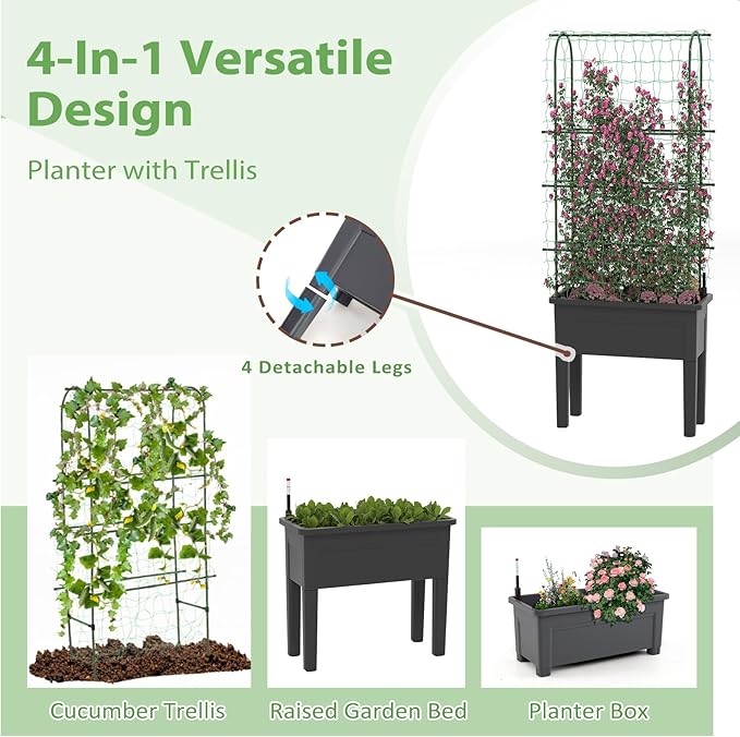 HAPPYGRILL 4-in-1 Raised Garden Bed with Climbing Trellis Self-Watering Elevated Planter with Water Level Indicator Drainage Hole Outdoor Plastic Planter Box with 4 Detachable Legs for Garden Lawn