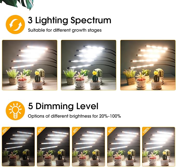 Wolezek Grow Lights for Indoor Plants 2 Pack Full Spectrum Plant Light with Adjustable Stand 5-Head LED Grow Light with Auto 6/12/16H Timer 5 Brightness Levels Ideal for Large &amp Tall Plants