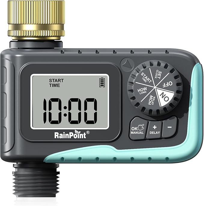 RAINPOINT Sprinkler Timer with Brass Swivel Programmable Water Timer for Garden Hose with Rain Delay/Manual Watering Digital Irrigation System Kit for Lawns 1 Outlet