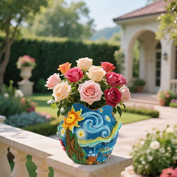 Starry Night Theme Flower Pots Colorful Art Planter Pots for Indoor Plant Cute Unique Resin Flower Pot with Drainage Hole for Home Decor