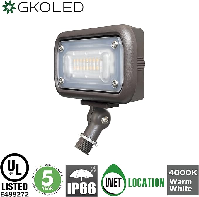 GKOLED 15W Outdoor LED Flood Security Lights Waterproof Landscape Lighting 50W PSMH Equivalent 1500 Lumens 4000K Cool White 1/2 Adjustable Knuckle Compact Size UL-Listed