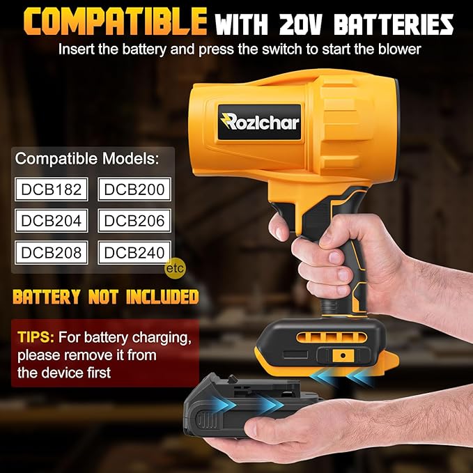 Rozlchar Cordless Leaf Blower Compatible for DeWALT 20V Batteries(No Battery) Variable Speed Handheld Turbo Blower with Brushless Motor Portable Dust/Snow Cleaner for Lawn Patio