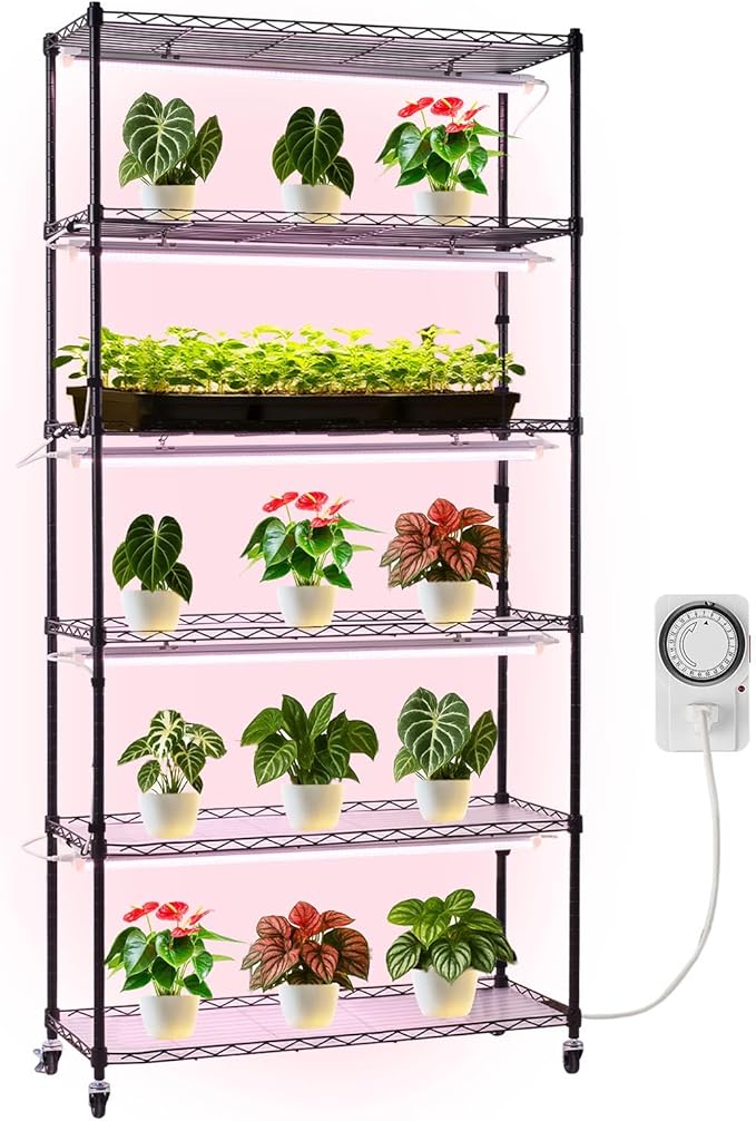 VEVOR Plant Shelf with Grow Light 6-Tier Indoor Plant Stand 71in Tall Indoor Plants Display Rack with Wheels &amp Timer 150W 3800K Full Spectrum Grow Lights Metal Flower Pot Holder for Seed Start