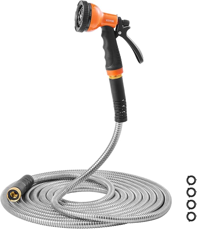 VEVOR Garden Hose Metal 75 ft Rust Proof Stainless Steel Water Hose Heavy Duty Backyard Hose with 10 Function Nozzle No-Kink &amp Flexible Water Pipe Lightweight Metal Hose for Yard Outdoor