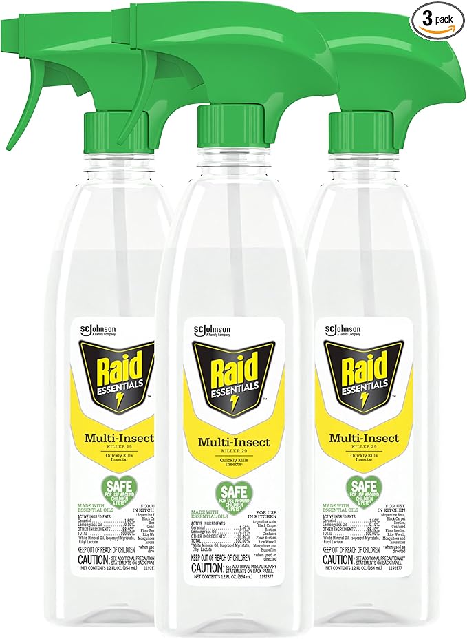 Raid Essentials Multi-Insect Killer Spray Bottle Child &amp Pet Safe for Indoor Use 12 oz (Pack of 3)