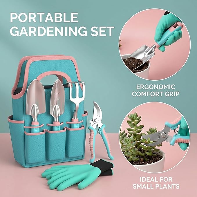 Garden Tool Set 6Pcs Essential Gardening Supplies Kit with Trowel Transplanter Hand Rake Pruner Outdoor Hand Tools for Women &amp Men