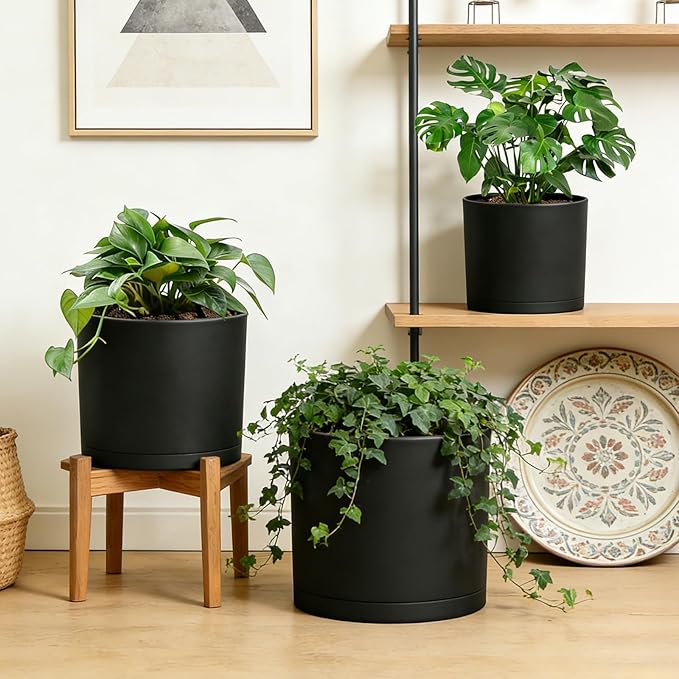 Large Plant Pots Set of 3 – 8 9 10 Indoor Flower Pots with Drainage Holes and Saucers Big Planters for Monstera Fiddle Leaf Fig Snake Plant – 5 Colors