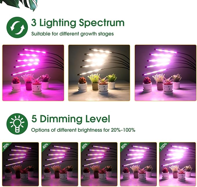 Wolezek Grow Lights for Indoor Plants 100 LEDs Full Spectrum Plant Lights for Indoor Growing with Adjustable Stand 5-Heads Grow Lamp with Auto 6/12/16H Timer 3 Light Modes 5 Levels Dimmable