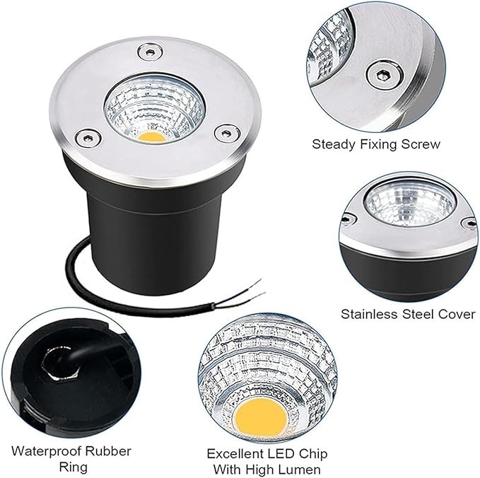 3W COB Recessed LED Spot Lights Ground LED Landscape Lights IP67 Waterproof Round Garden LED Floor Lights 4pack 12V Low Voltage Outdoor Buried Lights for Patios Lawns Driveways Deck(Warm Light)