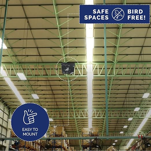 Bird-X Super Quadblaster QB-4+S Ultrasonic Bird Preventer with Optional Strobe Light and 4 Built-in Speakers Ideal for Indoors and Semi-Enclosed Areas Covers 6500 sq. ft.