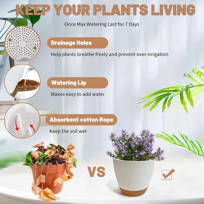 LIFFY Plant Pots 87.576.565.55 Inch Plastic Self Watering Planters with Drainage Holes &amp Saucers 7-Pack White Nursery Planting Pot with Deep Reservoir for Indoor Outdoor Plants