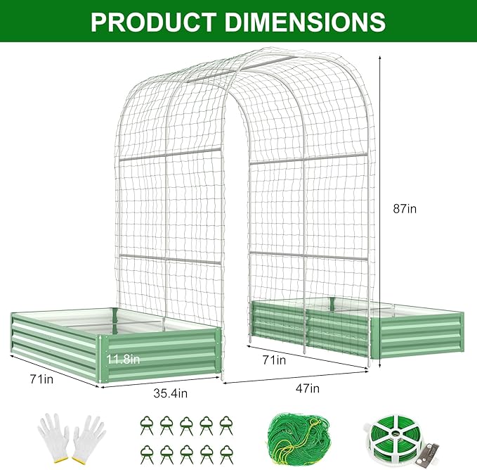 SUNYRISY Galvanized Raised Garden Bed with 87 H Arch Trellis for Climbing Plants Outdoor Large Metal Planter Box with Netting for Gardening Flowers Vegetables Fruit Green
