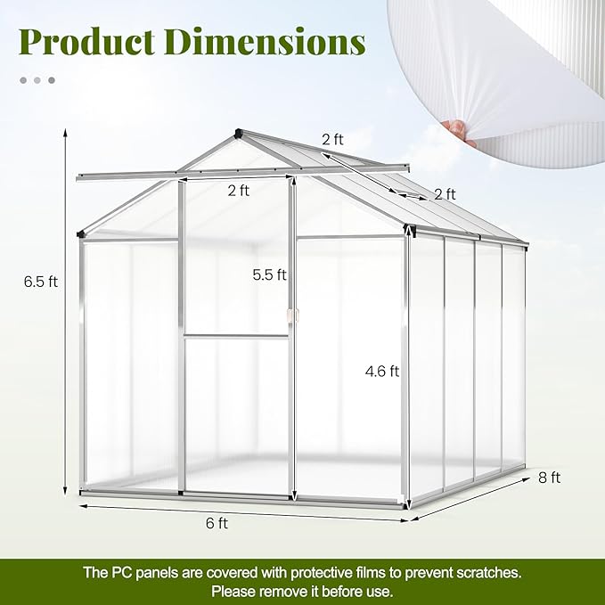 Happygrill Greenhouse 6 x 8 x 6.5FT Outdoor Polycarbonate Greenhouse w/ Sliding Door Adjustable Roof Vent Rain Gutter Heavy-Duty Aluminum Greenhouses for Outdoors Garden Backyard Patio Lawn