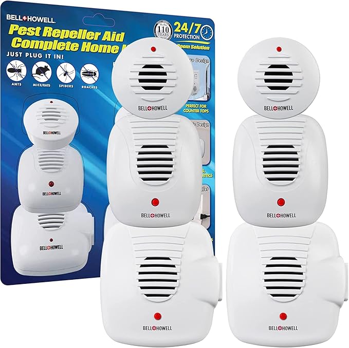The Bell and Howell Ultrasonic Pest Repeller plug in device Complete Kit 6 Pack Effectively Aids to repel mice bugs Rats Rodents Mosquitos roaches Spiders and Ants Chemical odor and sound free