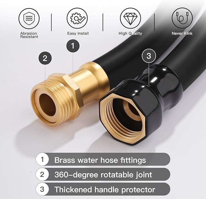 Garden Hose 5/8 x 75ft - Brass connector Rubber Heavy Duty Water Hose 600 PSI Burst Pressure Durable Flexible Hose for Yard Car Wash Pets Black