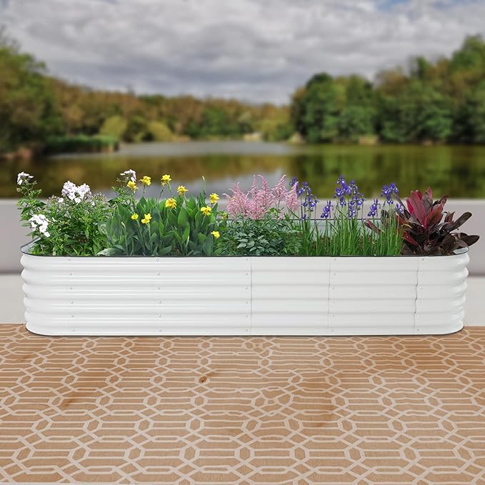 White Raised Garden Bed Kit 112” 14-in-1Metal Planter Box Aluminum-Zinc Plated Steel Planter Box for Outdoor Plants Vegetables Flowers &amp Herbs (Large)