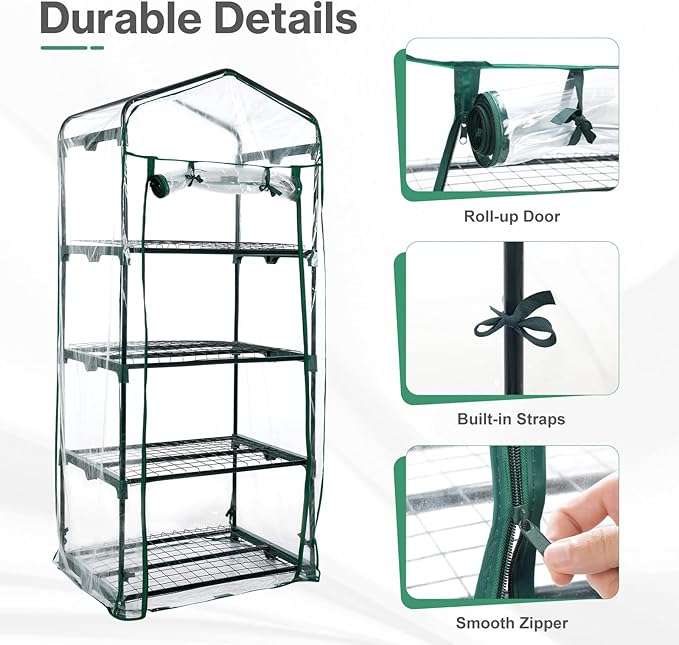 Aoodor 27x19x63 Inch 4 Tier Upgrade Greenhouse with Protective PE/PVC Base for Tidier and Cleaner Indoor Outdoor Gardening on The Deck Patio or Backyard Transparent
