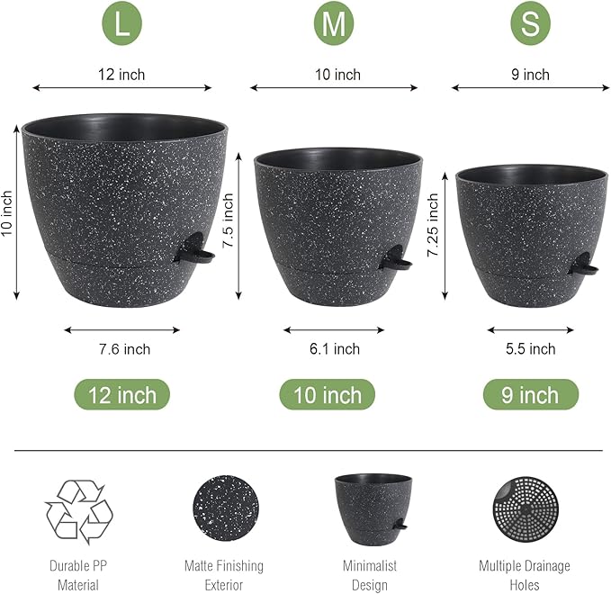 Large Self Watering Pots 12/10/9 Plastic Planters with High Drainage Holes and Deep Reservoir for Indoor Outdoor Garden Plants and Flowers Black Speckles