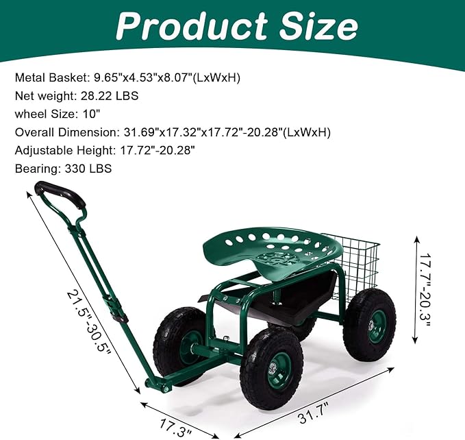 Vasitelan Rolling Garden Work Seat with WheelsGardening Stool for Planting 360 Degree Swivel Seat Garden Scooter with Steering Handle &amp Tool Tray (Green)
