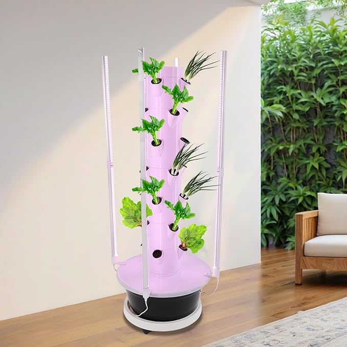 Vertical Hydroponics Growing System Kit 28-Plant Hydroponics Growing Tower with Led Lighting 24-Hour Cycle Timer H.Max 18.04ft Q.Max 211.33Gal/h for Fruits Vegetables Indoor Gardening