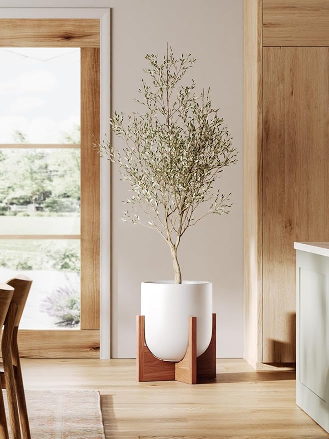 LE TAUCI 10 Inch Plant Pot with Acacia Wood Stand Ceramic Planters for Indoor Plants Unique Plant Pots Indoor for Home Decor Mid-Century Modern Pots for Plants with Drainage Hole and Plug White