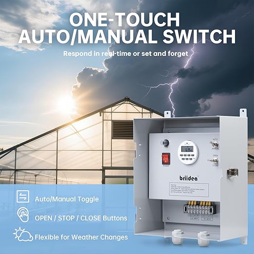 Briidea Greenhouse Roll Up Motor Timer Controller 7-Day Programmable AC110V to DC24V Transformer Auto/Manual Modes Dual Output for Side &amp Roof Curtain Film Roll-Up IP65 Waterproof