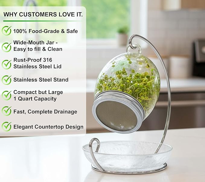 Premium Sprouting Jar Kit - Unique 30 oz Wide Mouth Sprouting Jar Stand Tray and 316 Stainless Screen Lid | Decorative Indoor Seed Sprouter and Germinator (1 Kit)