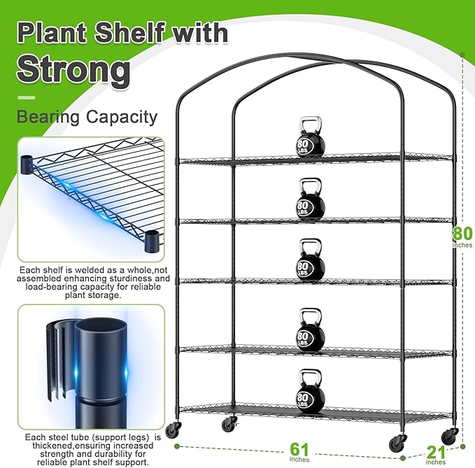 Abimars 5-Tier Greenhouse with Grow Light Shelf Height Adjustable Metal Plant Shelf with PVC Cover and Wheels Includes 5-Pack 2900K Full Spectrum Plant Lights 21x60x80inch