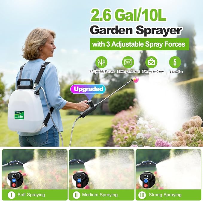 VAXMAY Battery Powered Sprayer 2.6 Gallon Backpack Sprayer with 3 Adjustable Forces Battery Indicator 5 Mist Nozzles 41 Retractable Wand USB Rechargeable Garden Sprayer for Weed Lawn Yard