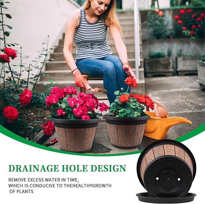 Quarut Large 4 Pack 14 inch Plant PotsWhiskey Barrel Planters with Drainage Holes &amp SaucerPlastic Decoration Flower Pots Retro DesignPlanters for Outdoor Indoor Garden Balcony Plants (Brown)
