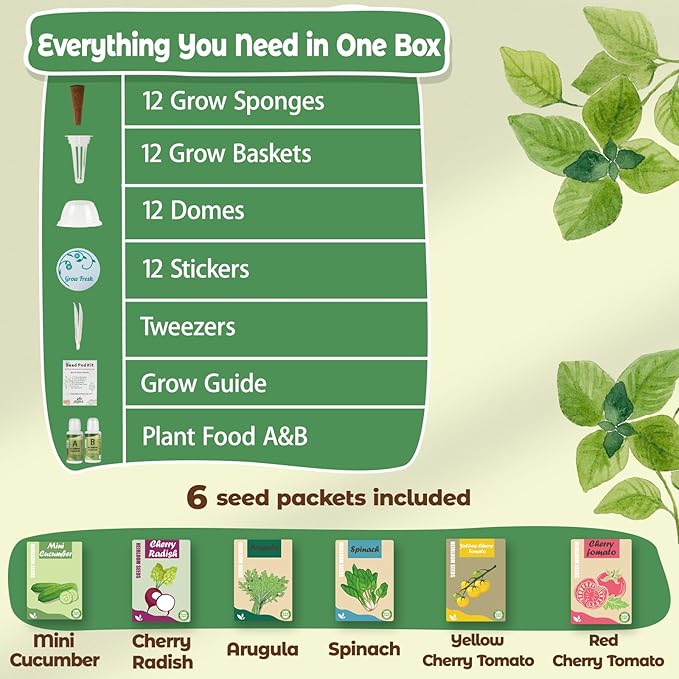 Salad Seed Pods Kit Hydroponic - 12 Refill Grow Pods with 6-Packet Seeds of Mini Cucumber Arugula Spinach Cherry Radish Red &amp Yellow Cherry Tomato Compatible with All Hydroponics Growing Syst