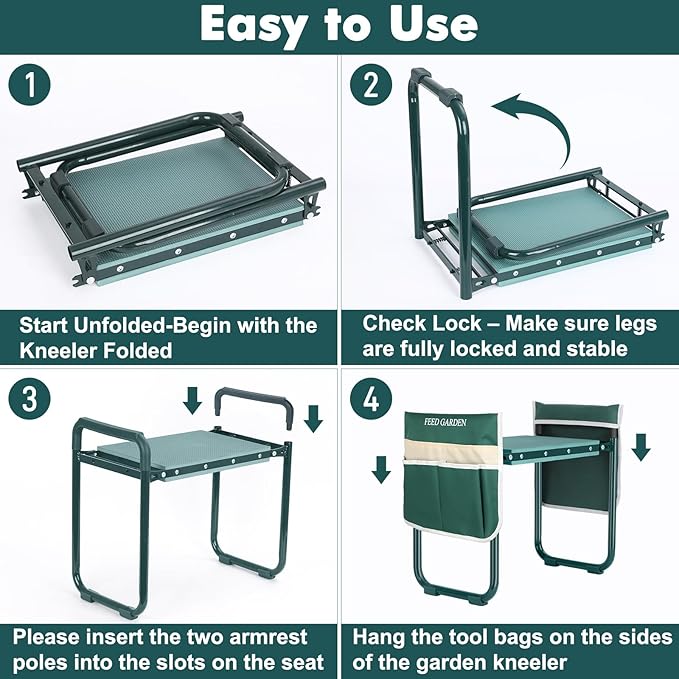 FEED GARDEN Garden Kneeler and Seat Upgraded Foldable Gardening Stool with 10.23 Wide Kneeling Pad Heavy Duty Gardening Bench Chair with 2 Tool Pouches Gardening Gifts for Seniors Mom Women Men