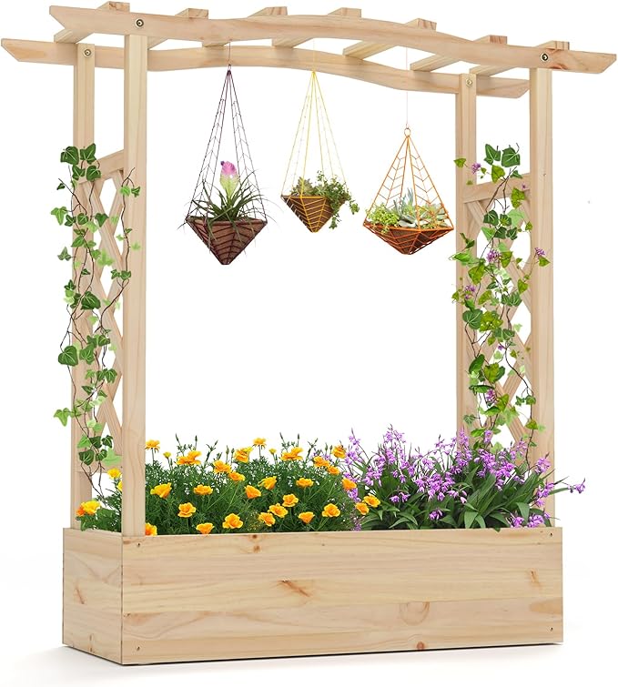 Giantex Raised Garden Bed with Sided Trellis &amp Hanging Roof Wood Planter Box Freestanding Garden Planter Raised Bed for Flowers Herbs Climbing Vines 44”x14”x45” (L x W x H)