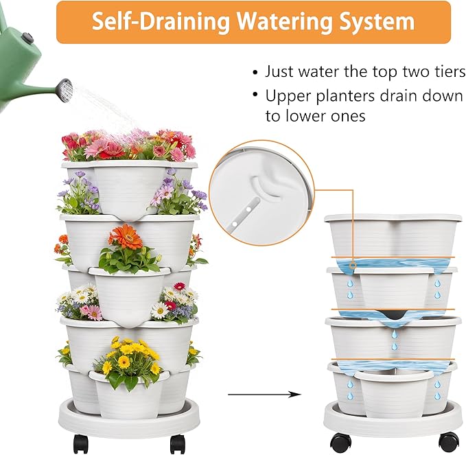 VECELO 5 Tier Vertical Garden Planter Self Watering Stackable Planters with Wheels for Strawberries Herbs Flowers Vegetables Gray