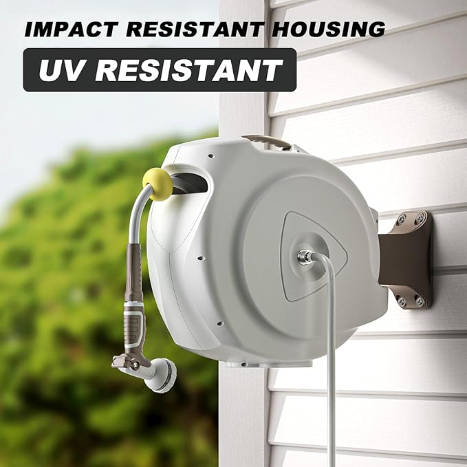 Retractable Garden Hose Reel 1/2 in 75+6ft Heavy Duty Wall Mounted Water Hose Reel Spring power Automatic Rewind Any Length Lock 180° Swivel Bracket 10 Pattern Spray Nozzle