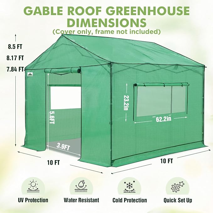 EAGLE PEAK Replacement Cover for 10x10 Gable Roof Pop up Greenhouse Front and Rear Roll-Up Zipper Entry Doors and 2 Large Roll-Up Side Windows (Frame Not Included) Green