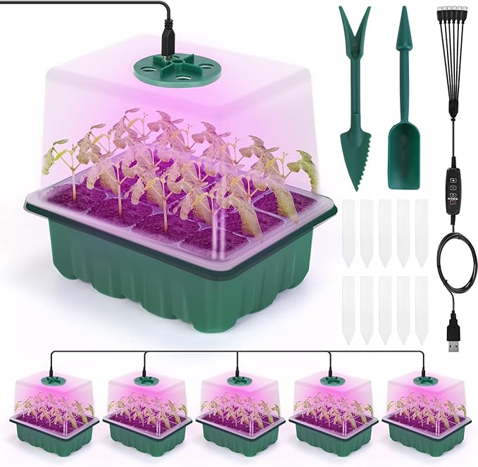 Seed Starter Tray with Grow Light 6-Pack 72 Cell Seed Starter Trays Germination Tray with Humidity Dome Timing Adjustable Brightness for Starting Vegetable Flower Indoor Herb Garden