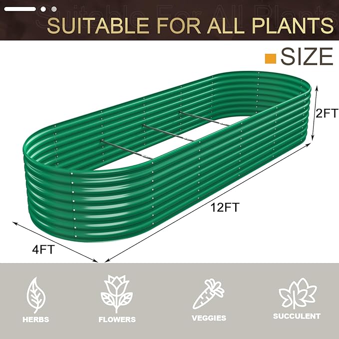 FRIZIONE 12FT(L)×4FT(W)×2FT(H) Galvanized Raised Garden Bed Outdoor Metal Raised Garden Beds for Flower Raised Planter Box Outdoor for Herb Vegetable-Dark Green