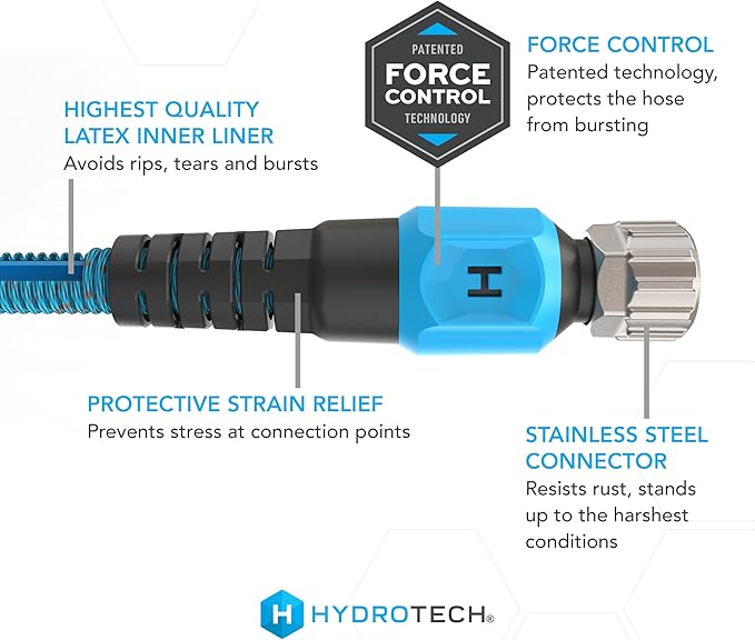 HydroTech 25 ft Expandable Garden Hose - Pro Series 2x Max Flow 3/4 No-Kink Flexibility Lightweight Hose for Lawn Garden Car Washing Deck and Patio Cleaning