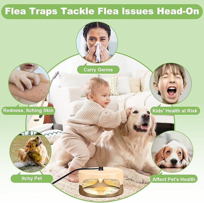 Flea Trap for Inside Your Home 2 Packs - Premium Electric Flea Traps Natural and Child-Friendly Indoor Control for Home &amp Garage with 5 Glue Disc Refills and 5 Lightbulbs (Beige)