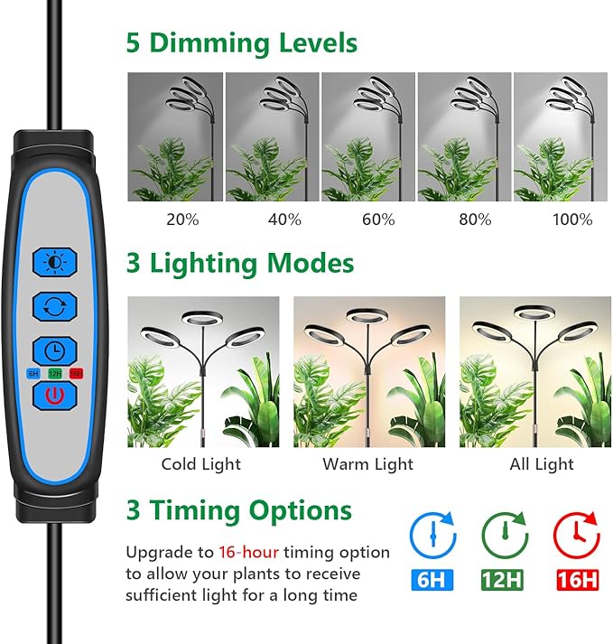 Grow Lights for Indoor Plants 3 Head Full Spectrum Plant Light with 68 Adjustable Stand for Growing Large Tall Plants Black Halo Floor LED Grow Lamp with 16 Hour Timer