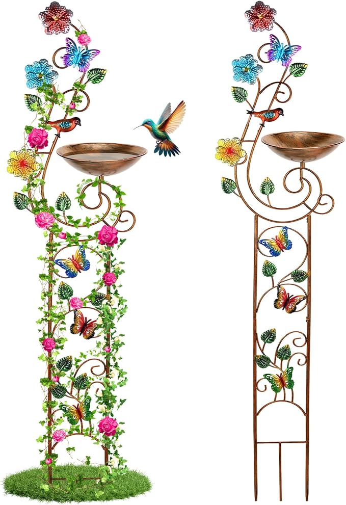 57” Bird Bath with Garden Trellis for Climbing Plants Outdoor Small Decorative Trellises Metal Birdbath Bird Baths 1 Piece (Butterfly)