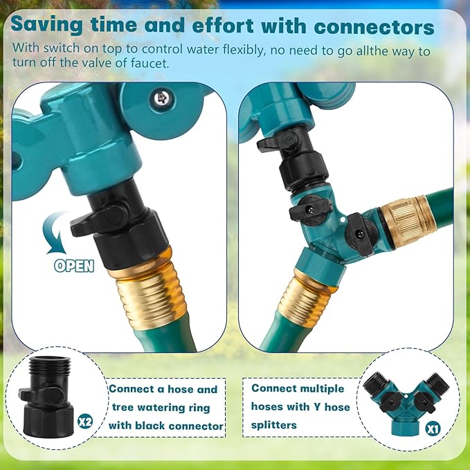 4 Pcs 360° Tree Water System Tree Root Watering Ring 13 Inch Circle Sprinkler Irrigation Slow Release Targeted Water with Y Hose Splitter for New Tree Outdoor Plants Raised Garden Beds (Green Small)