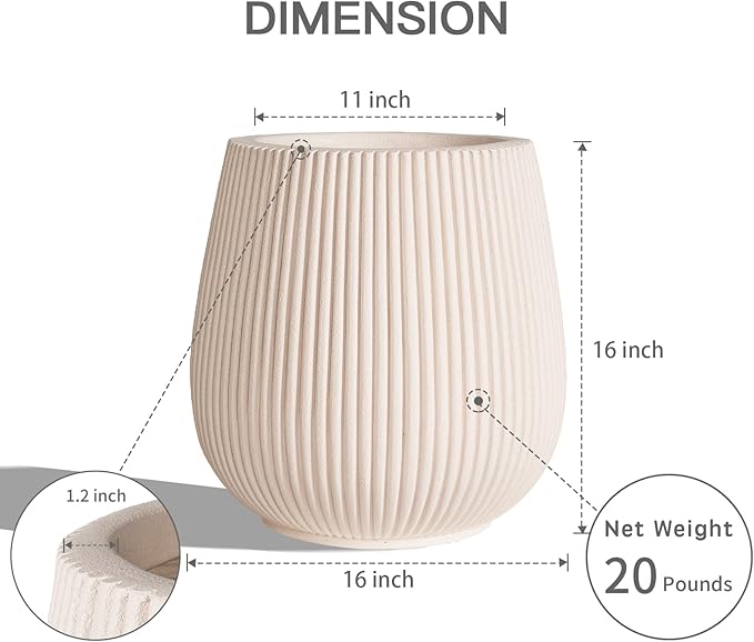 16 Inch Handmade Concrete Outdoor Planter - Classic Striped Design | Fiberglass &amp Composite Material | Durable for Commercial &amp Home Decor