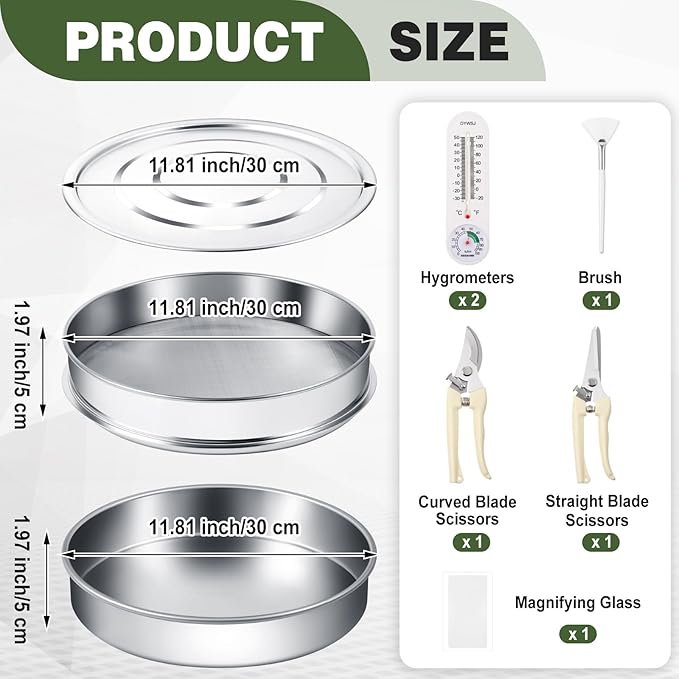 9 Pcs Trim Tray Kit Stainless Steel Trimming Tray with 150 Micrometer Fine Mesh Screen Bottom Harvest Trim Bin Trimming Scissors Mini Hygrometers Magnifying Plastic Scraper and Brush