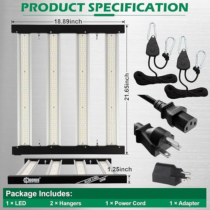 Lucius 120W LED Grow Light with LM281B Diodes 2.9 µmol/J High Efficiency 4-Bar 600 Diodes 348μmol/sFull Spectrum Plant Grow Lamp for Indoor Plants Seeding Veg Bloom 100-277V