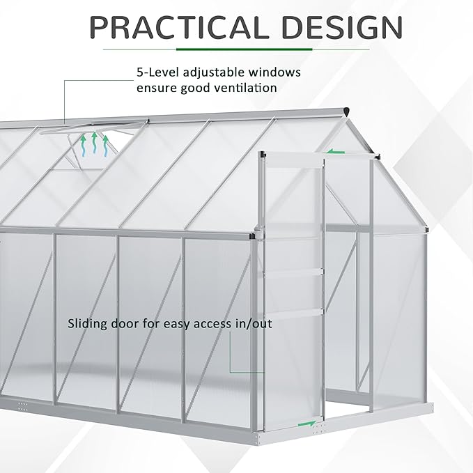 Outsunny 6' x 12' x 6.5' Polycarbonate Greenhouse with Adjustable Roof Vent Walk-in Heavy Duty Green House Kit with Aluminum Frame Sliding Door and Rain Gutter for Winter Silver