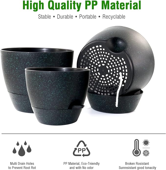 Large Self Watering Pots 12/10/9 Plastic Planters with High Drainage Holes and Deep Reservoir for Indoor Outdoor Garden Plants and Flowers Black with Green Speckles