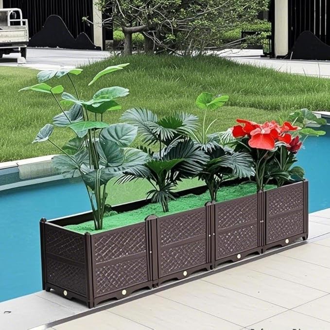 Rectangular Raised Garden Bed Kit Indoor Outdoor Plastic Planter Grow Box for Fresh Vegetables Herbs Flowers Succulents Brown BM133
