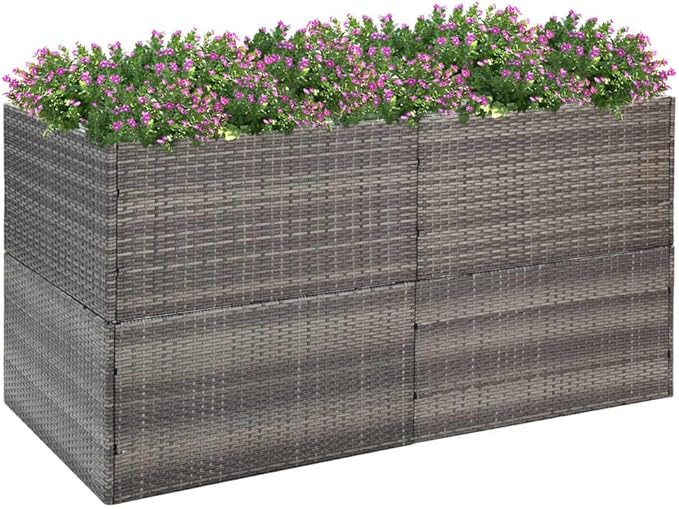 61.8x31.5 in Large Grey Rectangular Garden Planter Box Powder-Coated Steel &amp PE Rattan Raised Bed with Open Bottom for Outdoor Patio Balcony Deck